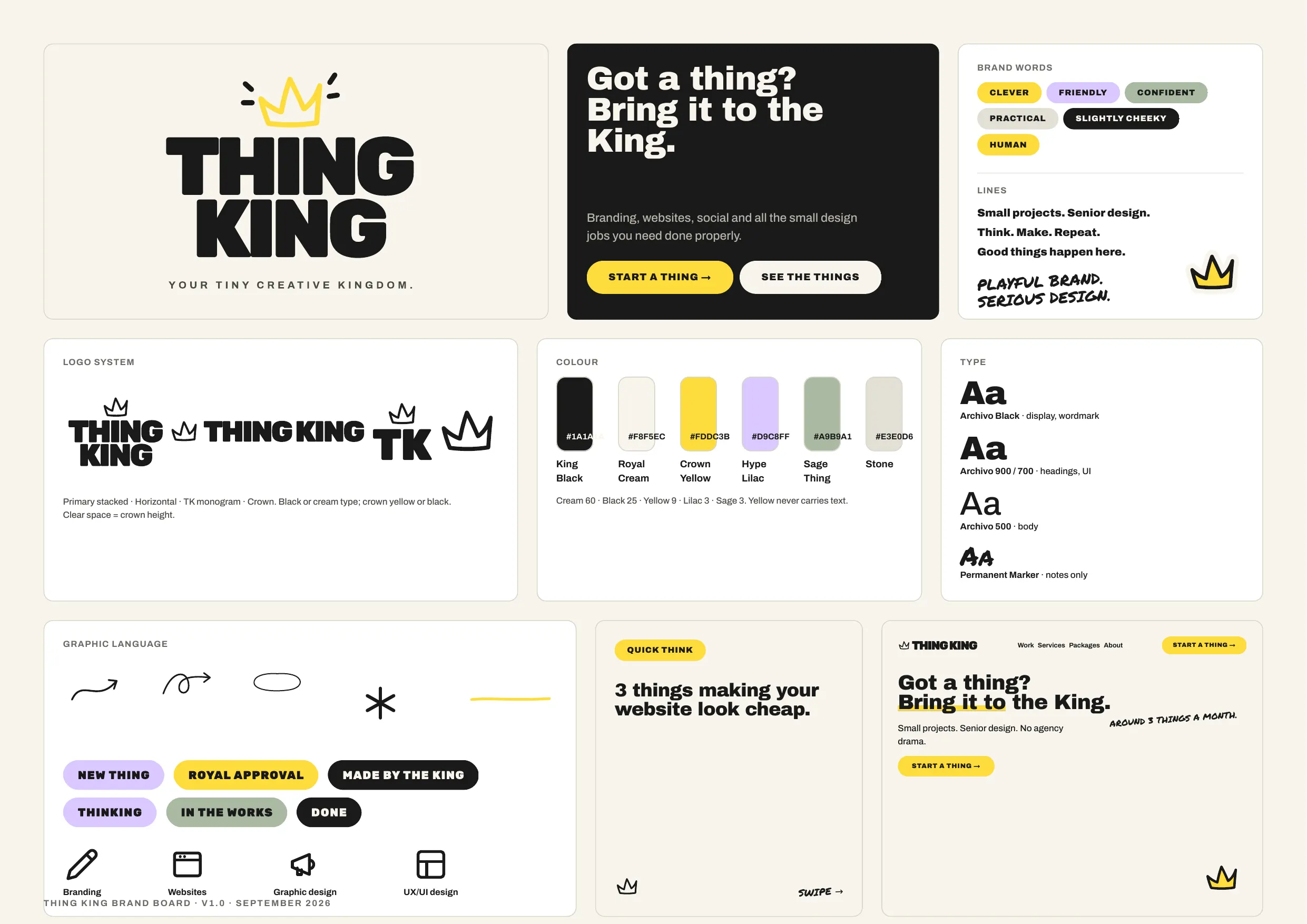 Thing King brand board showing the crown logo, the yellow, cream and black colour palette, Archivo type samples, marker-pen graphics and badges.