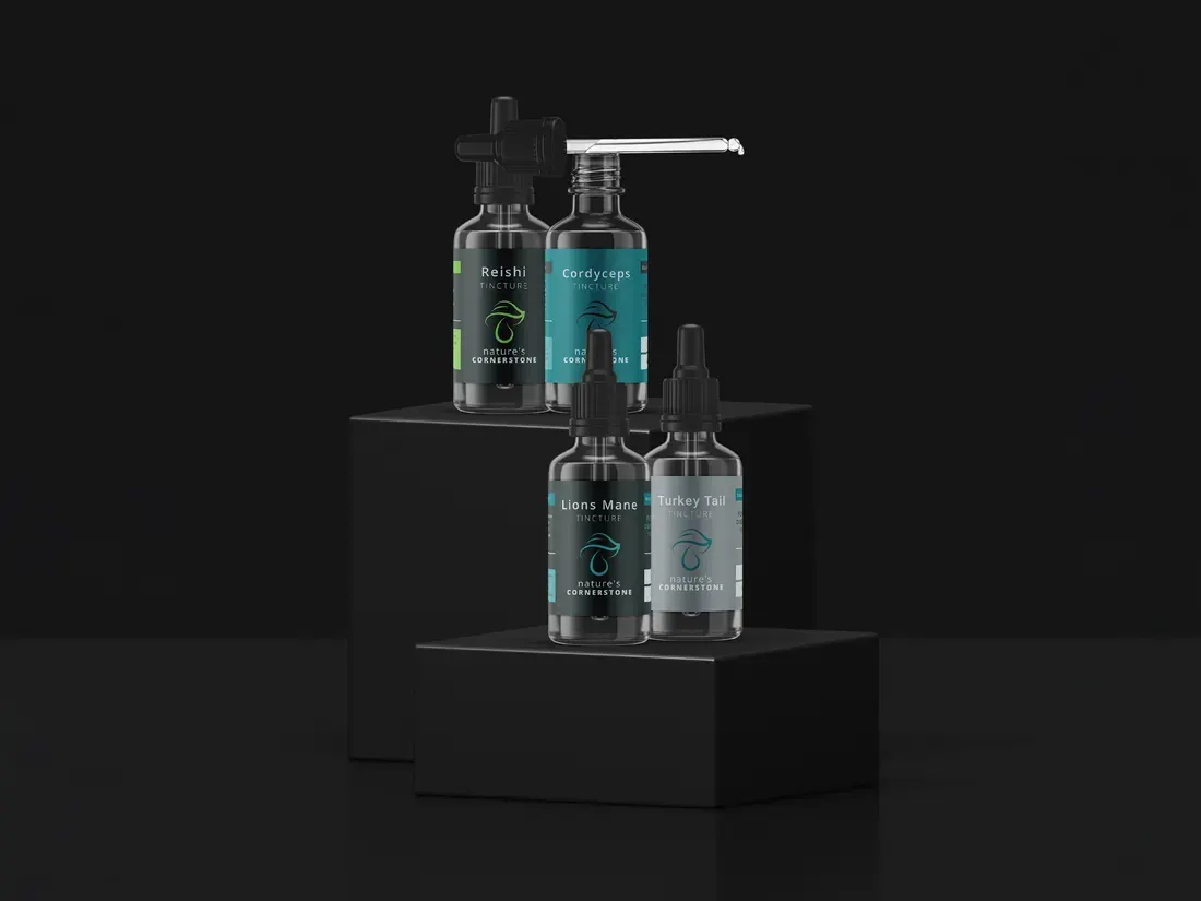 Four dark Nature’s Cornerstone tincture bottles with teal, green and grey labels arranged on black plinths.