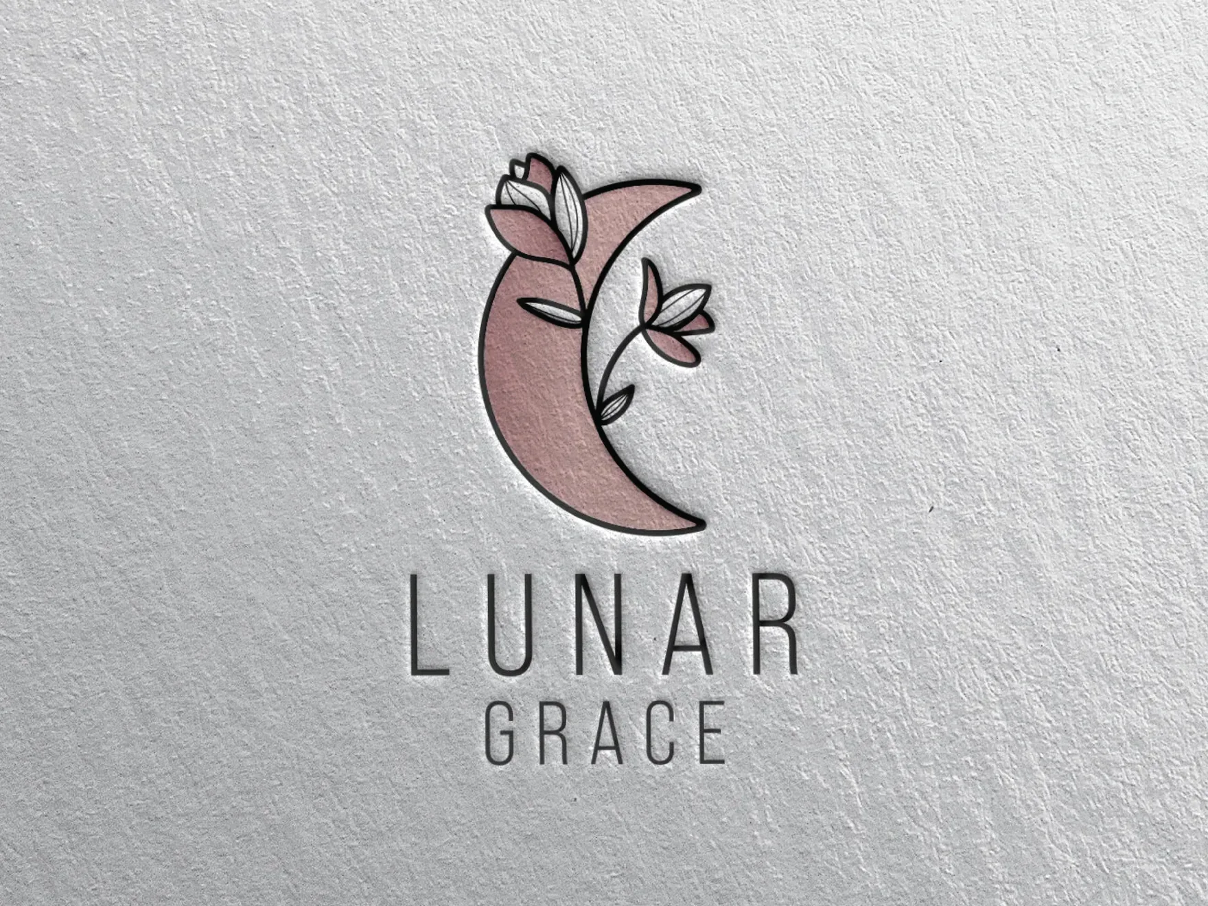 Lunar Grace logo embossed on white paper: a fine-line crescent moon with a bloom and the wordmark beneath.