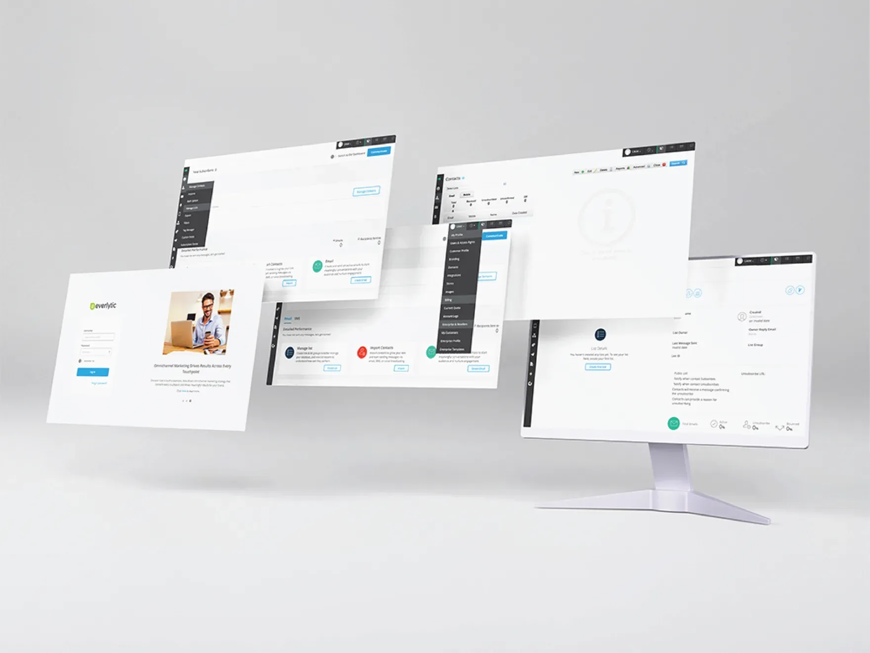 Several Everlytic Next screens floating in front of a monitor: sign-in, dashboard, contact lists and settings, all on the same layout system.