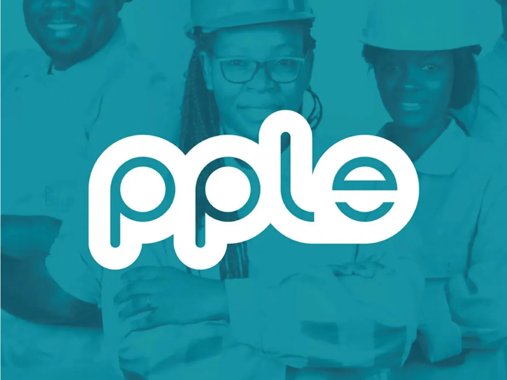 White rounded PPLE wordmark over a teal-tinted photograph of workers in hard hats and chef’s whites.