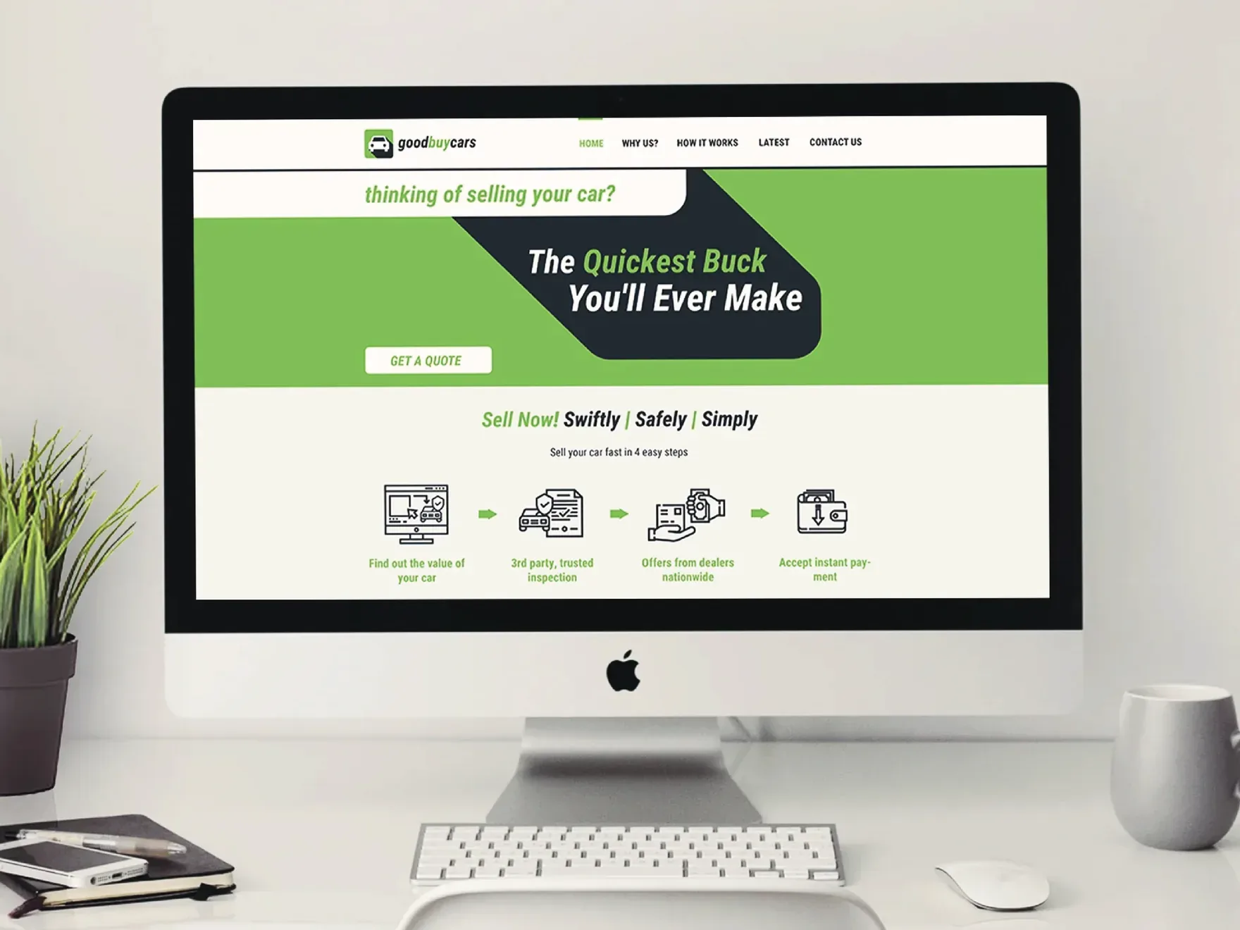 Good Buy Cars homepage on a desktop monitor with the headline The Quickest Buck You’ll Ever Make and a four-step how-it-works row.