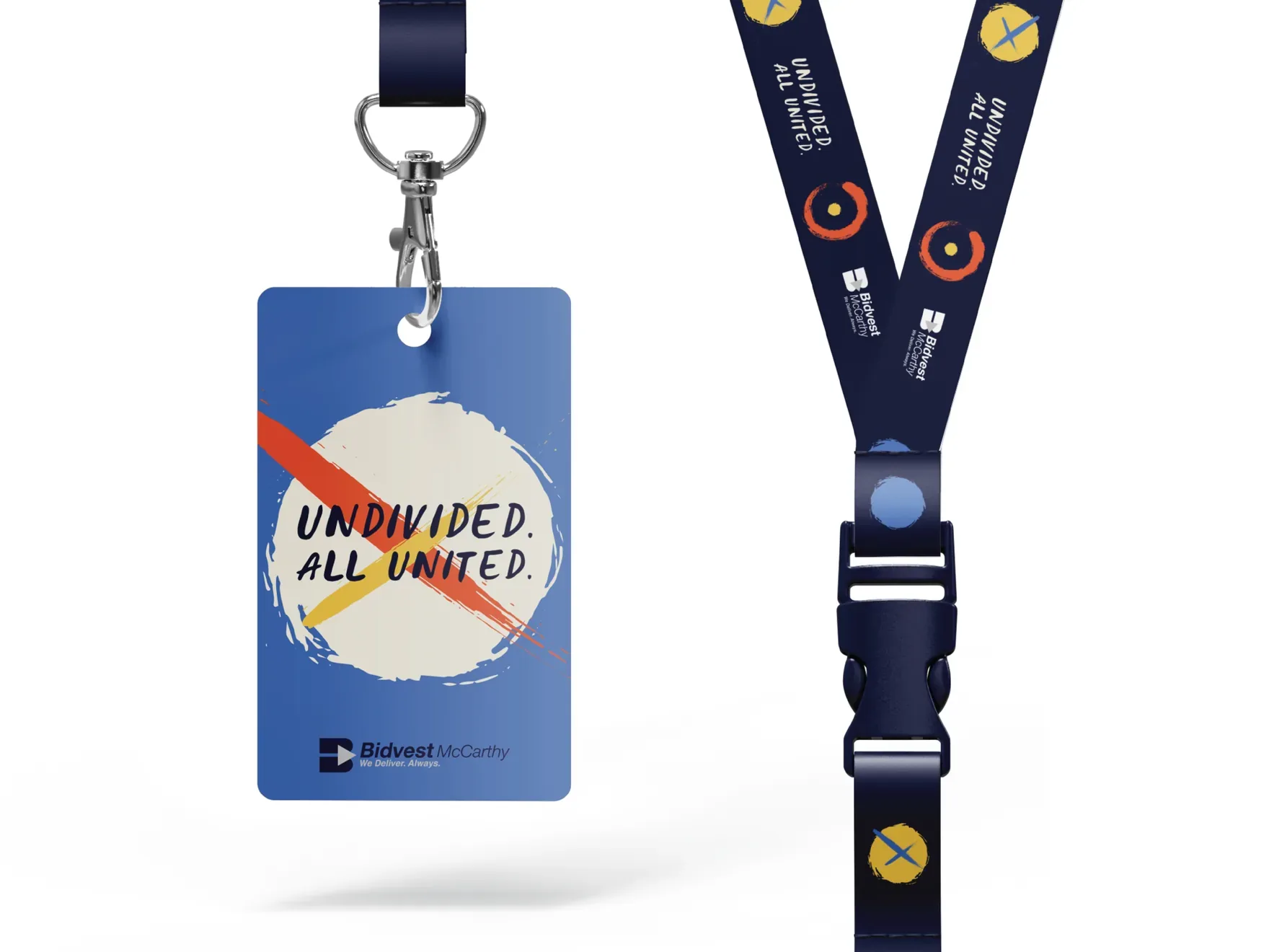 Event lanyard and badge in navy with the Undivided. All United. mark and Bidvest McCarthy logo.