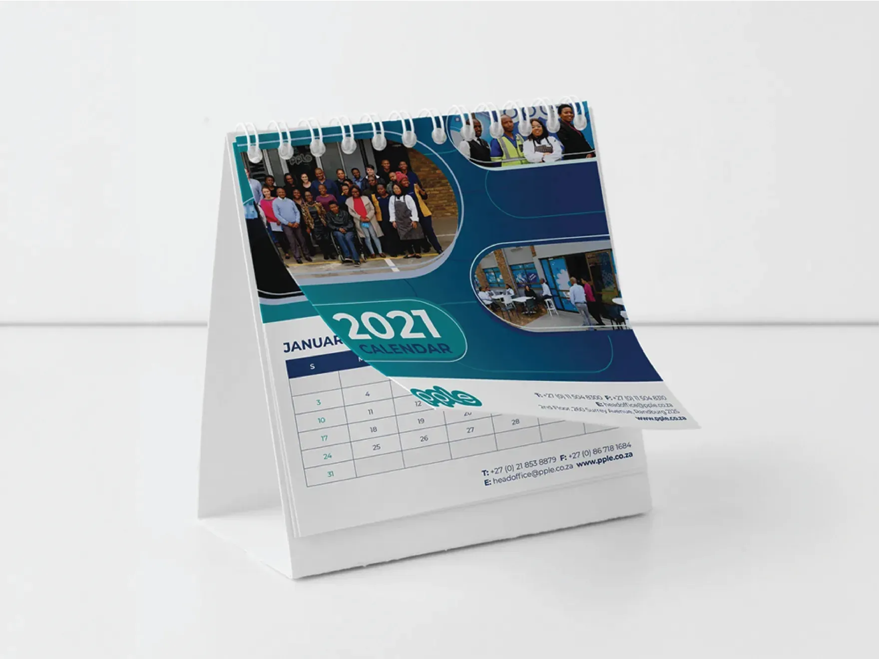 PPLE 2021 desk calendar with team photographs and the teal brand panels.