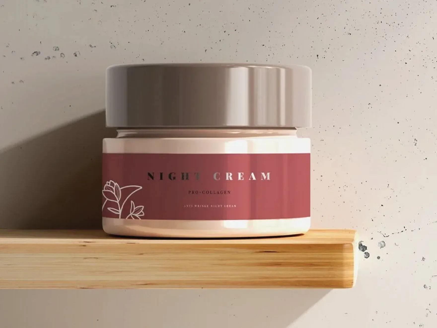 Lunar Grace night cream jar with a mauve label on a wooden shelf.