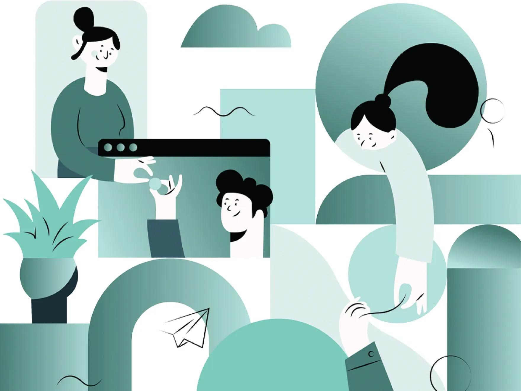 Teal flat-illustration scene of people working, talking and sharing ideas around screens and plants.