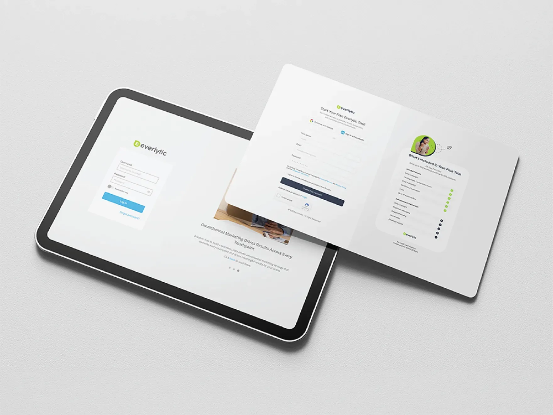 Tablet showing the Everlytic Next sign-in screen next to a printed onboarding guide with a step-by-step checklist.