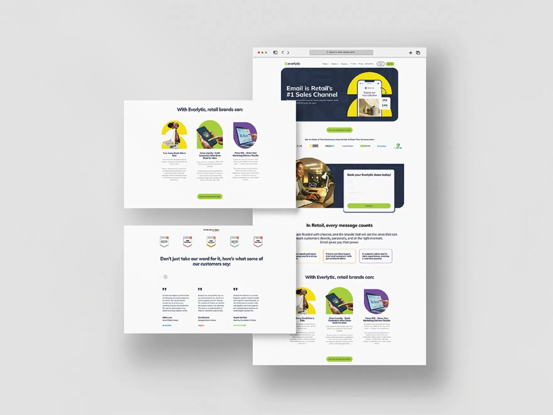 Everlytic campaign landing page for retail email marketing with a yellow hero, illustrated benefits and a four-step section.