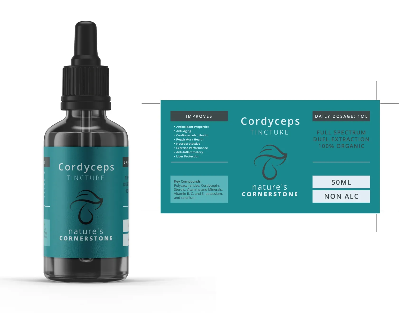 Cordyceps tincture bottle beside its flat teal label showing benefits, dosage, the mushroom mark and 50ml non-alcoholic details.
