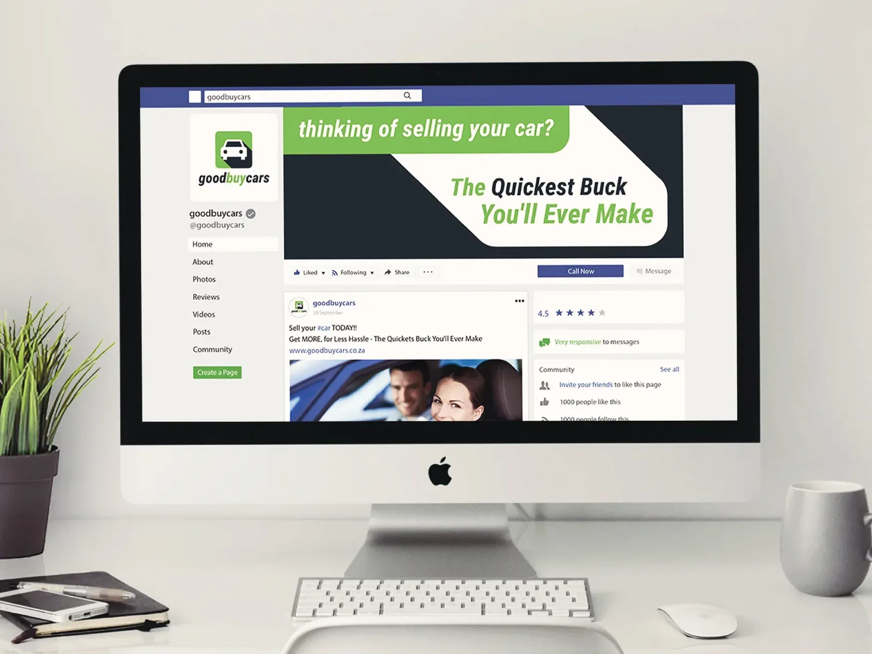 Good Buy Cars Facebook page on a desktop monitor carrying the campaign line and green brand panels.