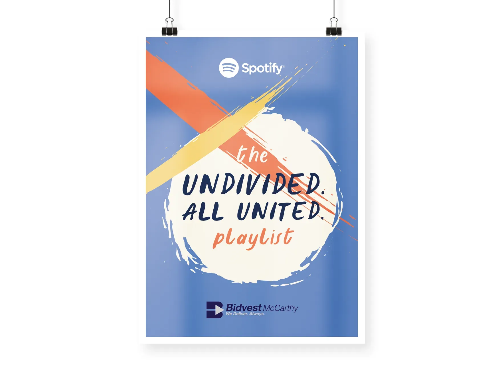 Poster on a blue background for The Undivided. All United. playlist on Spotify, with the brushstroke mark.