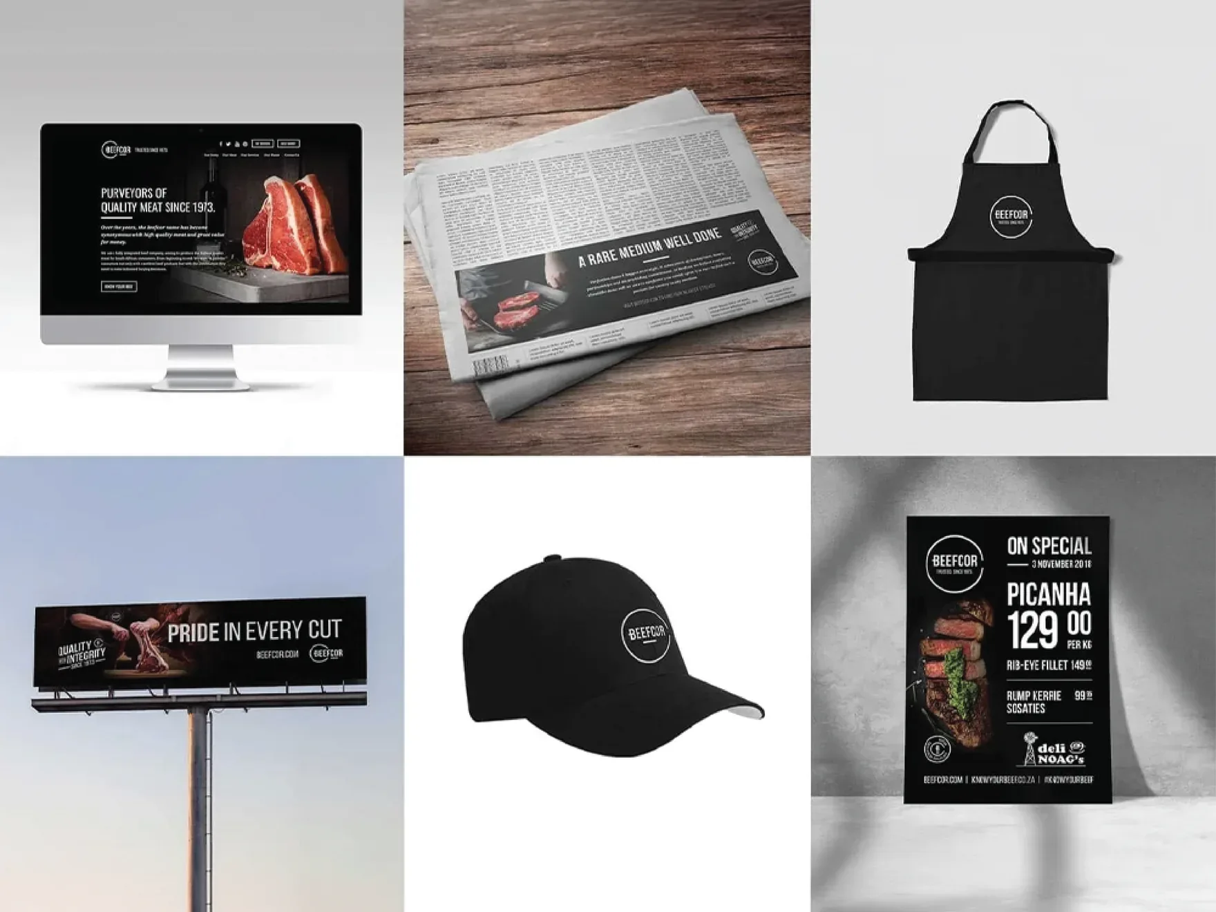 Collage of Beefcor applications: website on a monitor, newspaper ad, apron, billboard reading Pride in every cut, cap and a picanha special poster.