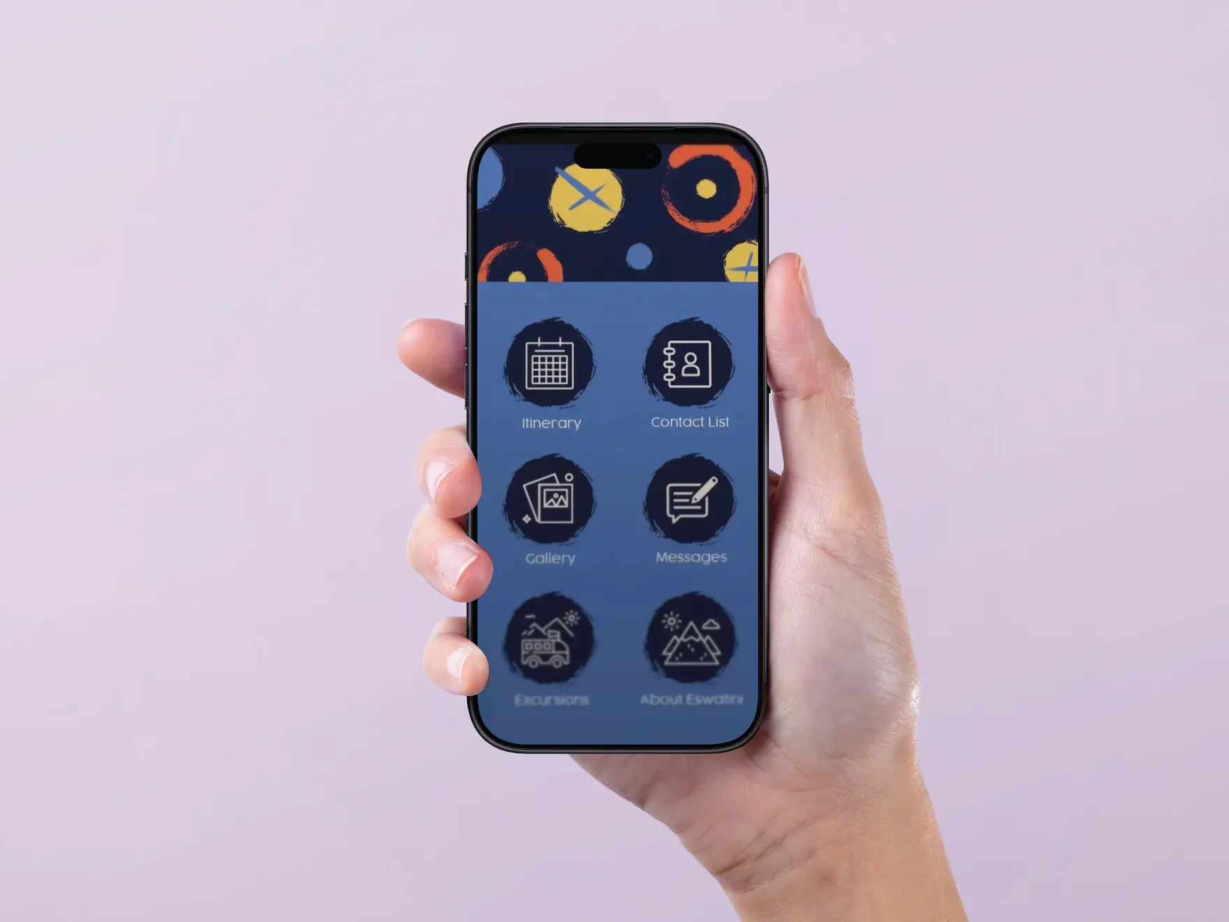 Hand holding a phone with the Undivided companion app home screen showing icons for programme, contacts, venues and more.