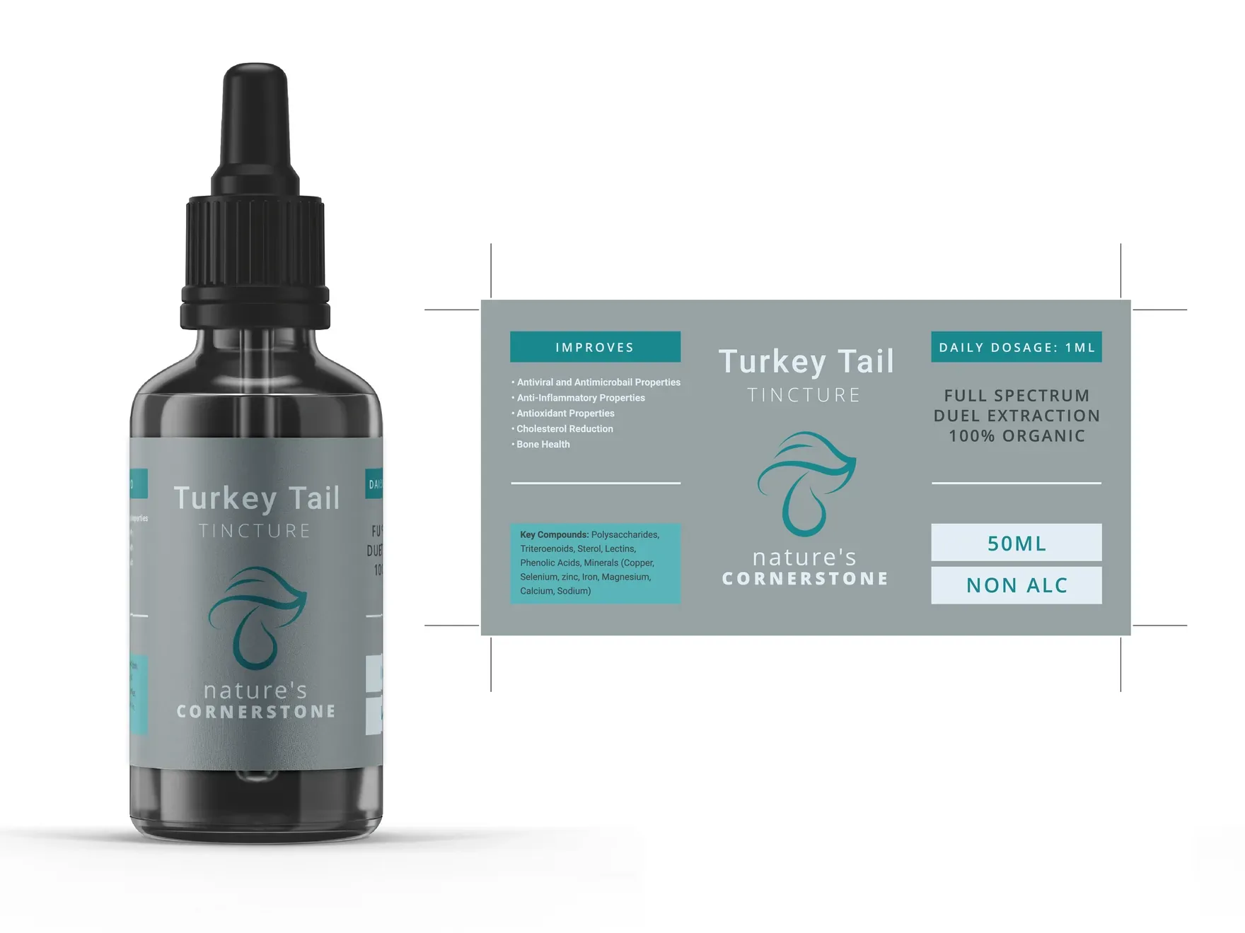 Turkey Tail tincture bottle beside its flat grey label with the mushroom mark.
