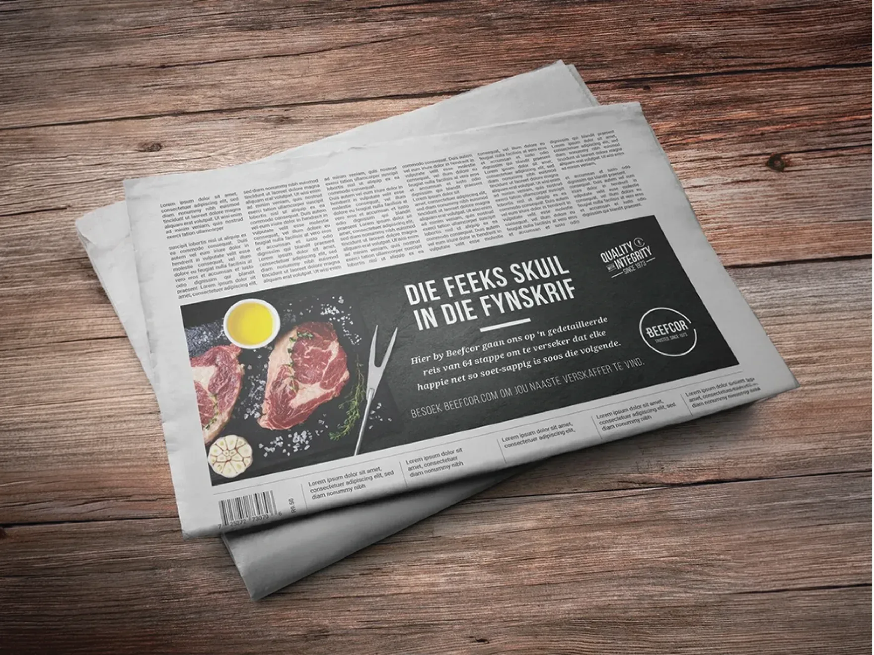 Beefcor newspaper advert with a steak photograph and an Afrikaans headline about the detail in the fine print.