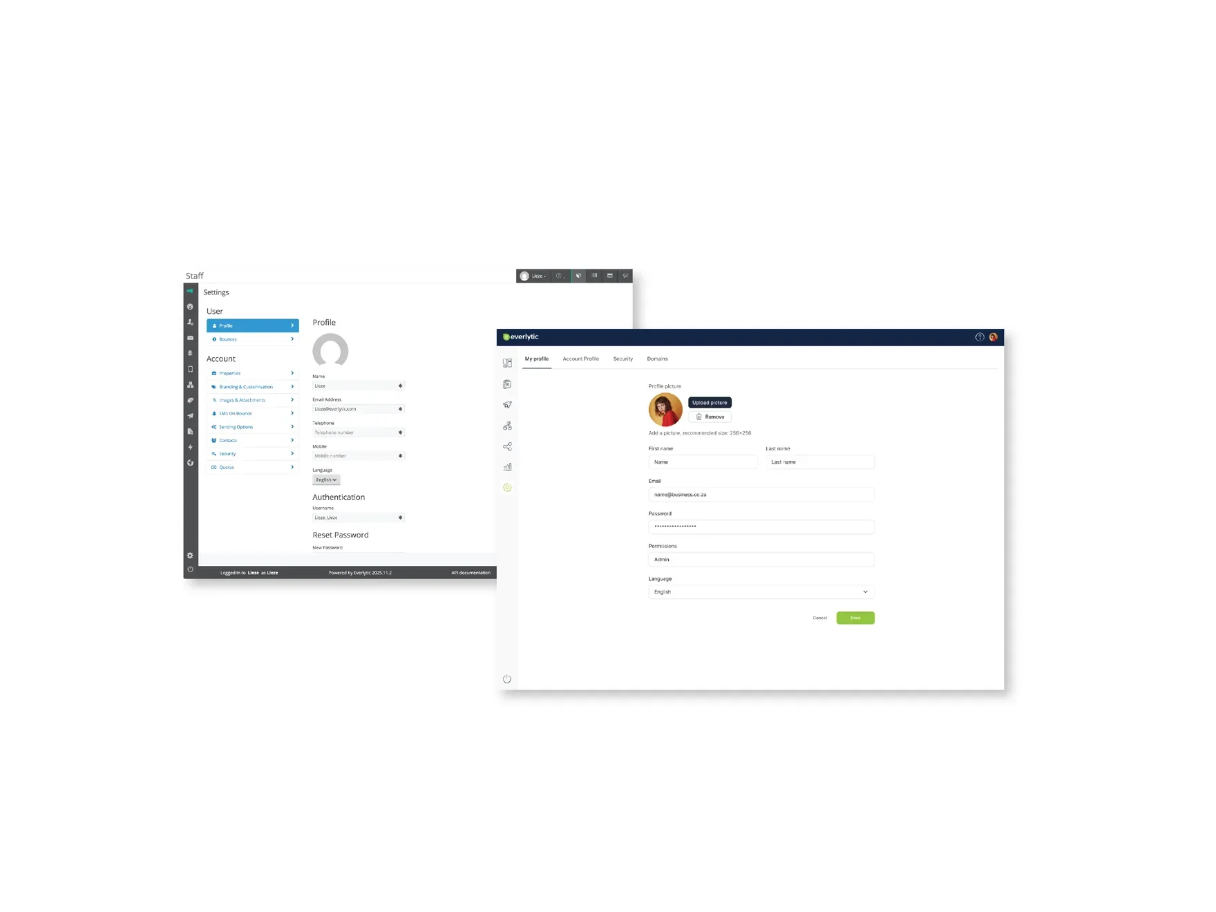 Everlytic Next account settings and profile screens with a left navigation and form fields.