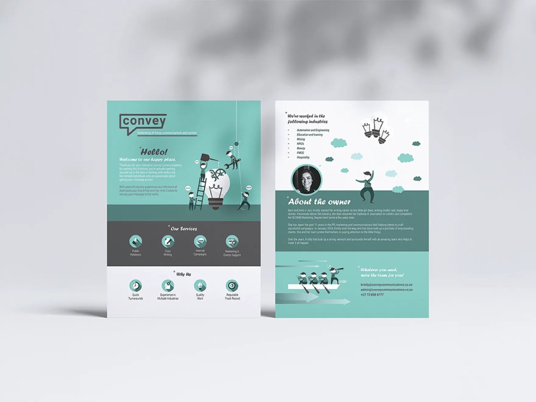 Two Convey flyers with teal panels, illustrations, service icons and an about-the-owner section.