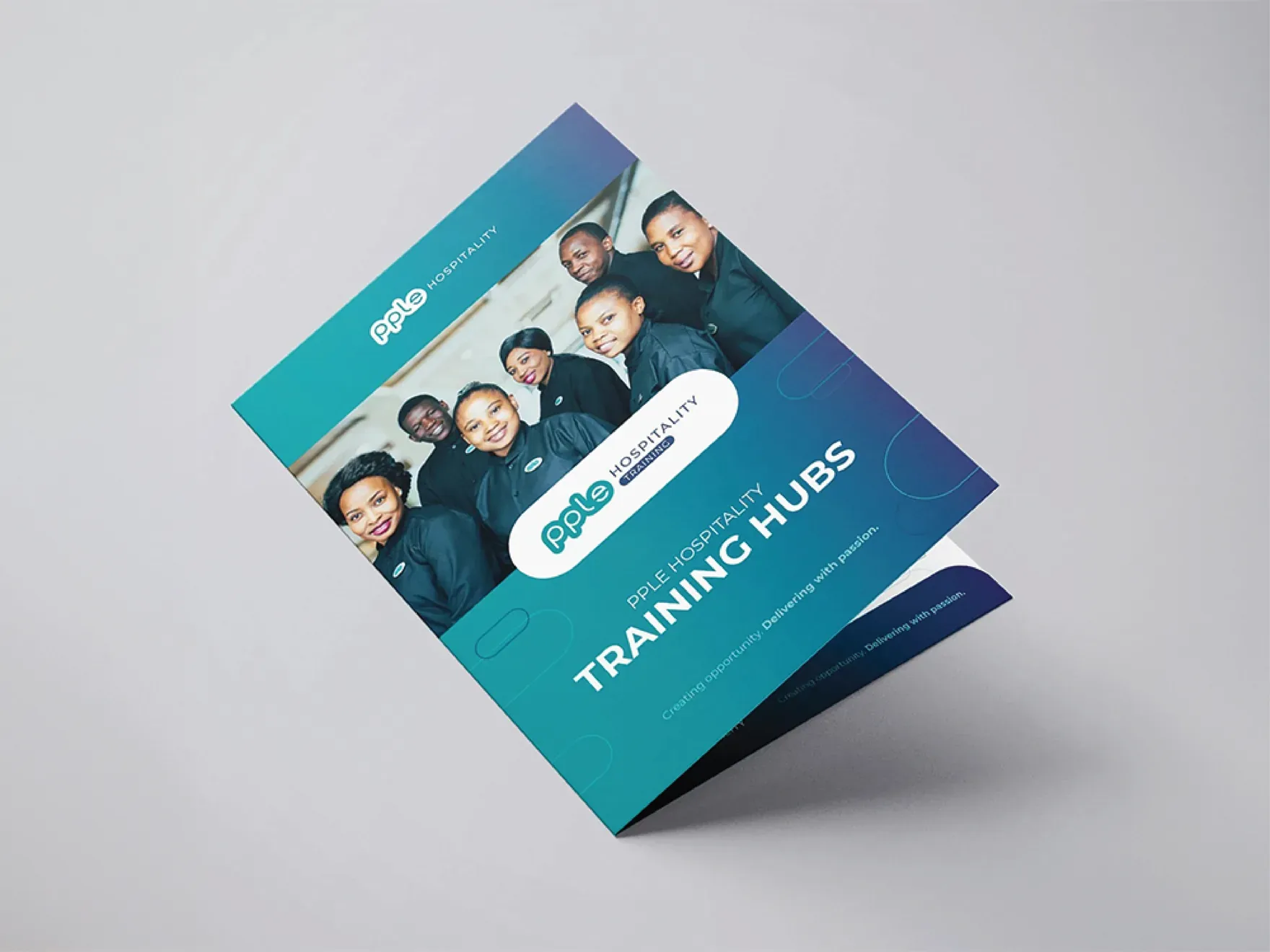 PPLE Hospitality training hubs brochure in teal and navy with a photo of trainees.
