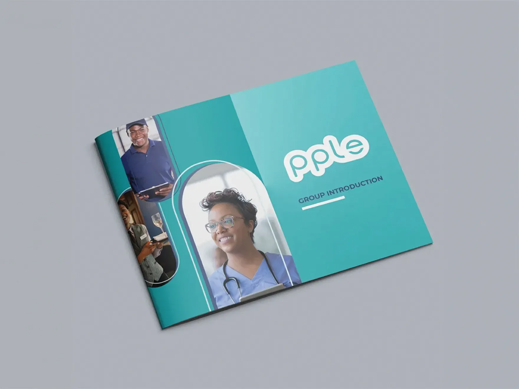 Open PPLE group introduction brochure with a portrait photograph and the master wordmark.