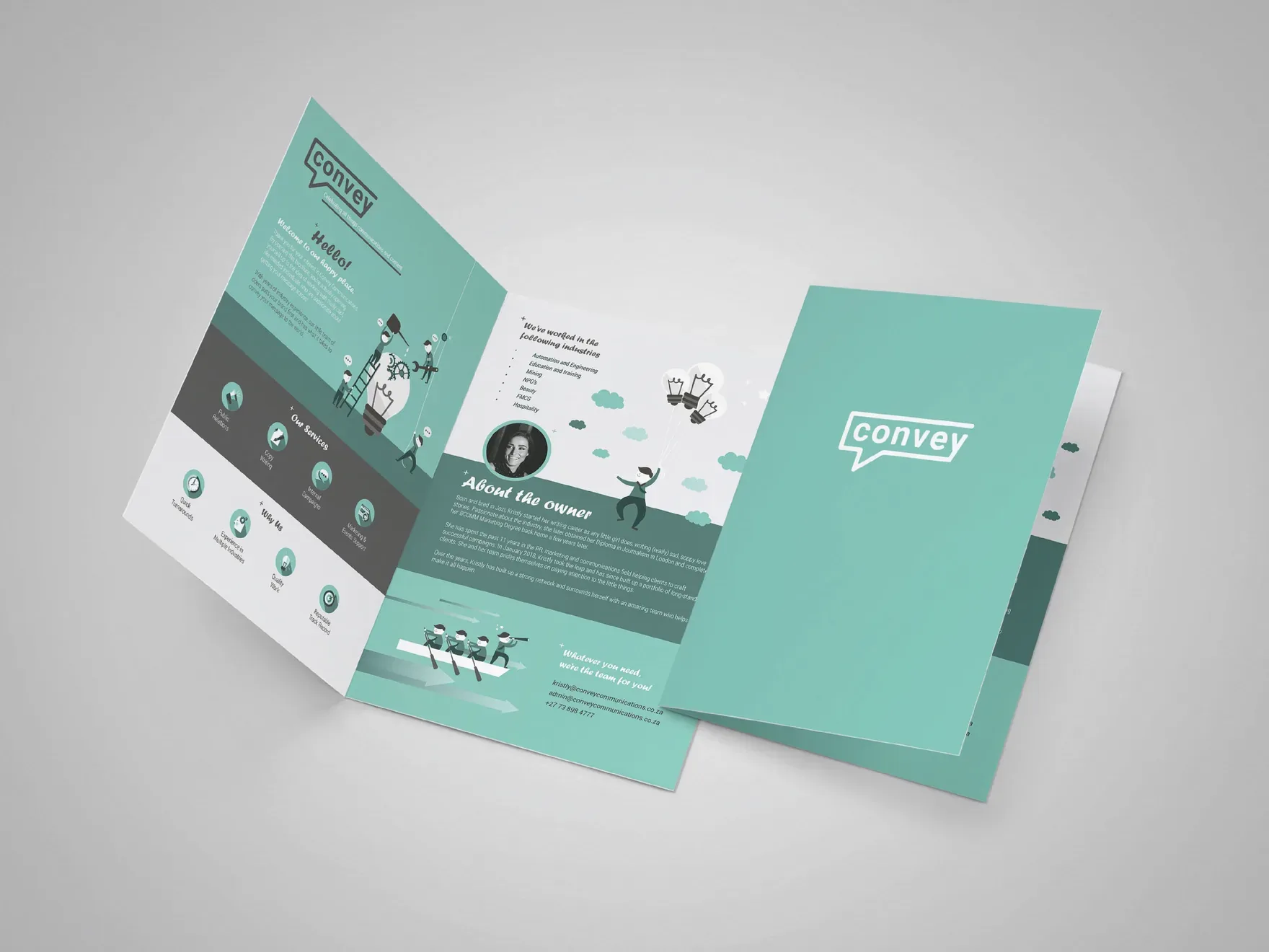 Folded Convey brochure with teal panels, illustrations, service icons and an about-the-owner page.