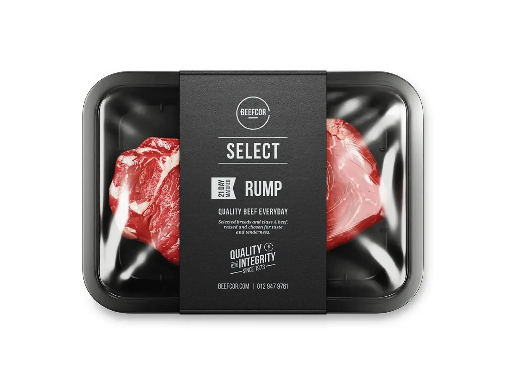 Black meat tray with a Beefcor Select Rump sleeve in white monospaced type.