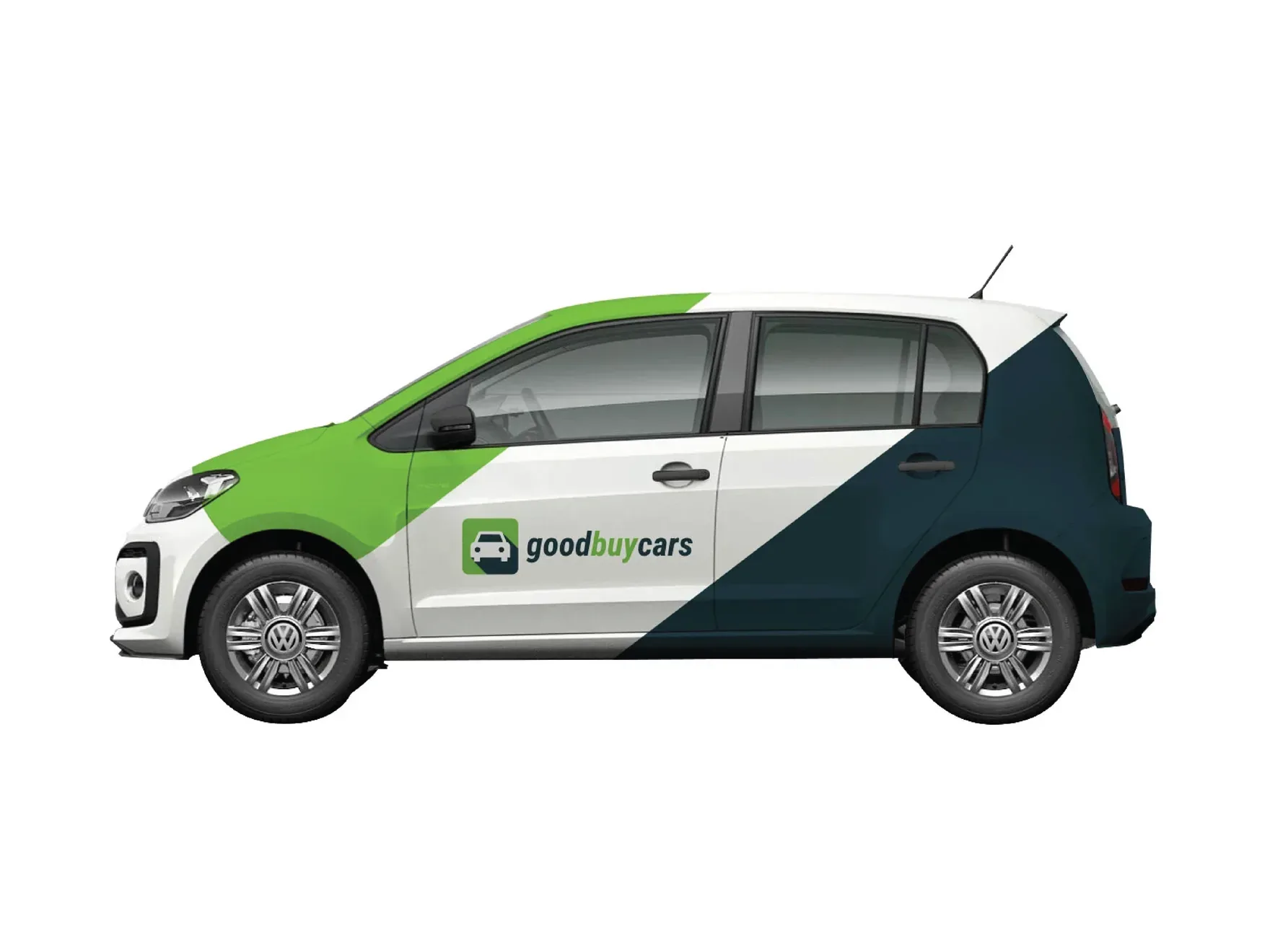White hatchback with a green and dark-teal Good Buy Cars vehicle wrap.