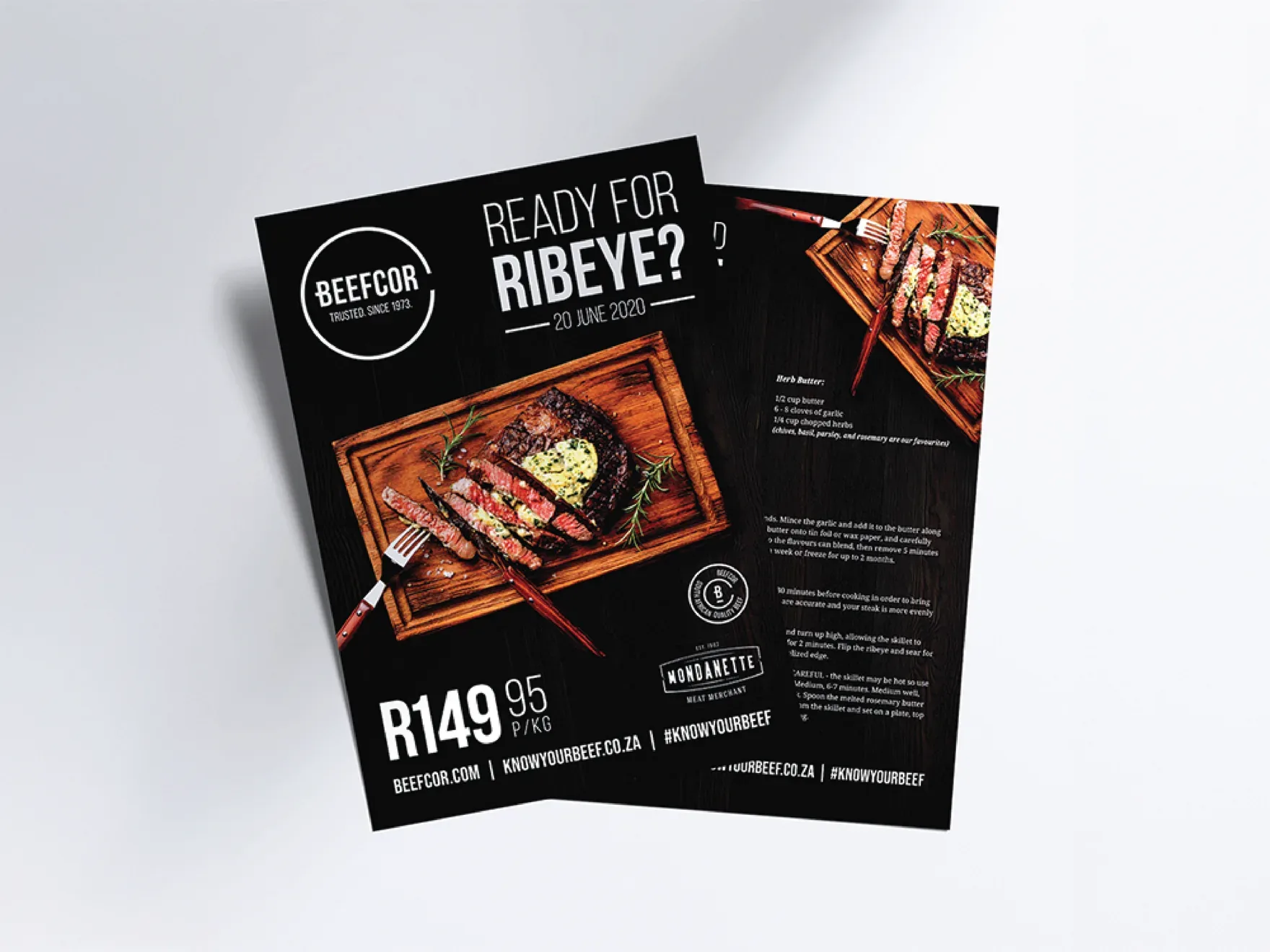 Two Beefcor promotional flyers reading Ready for ribeye? with steak photography and a price of R149,95 per kilogram.