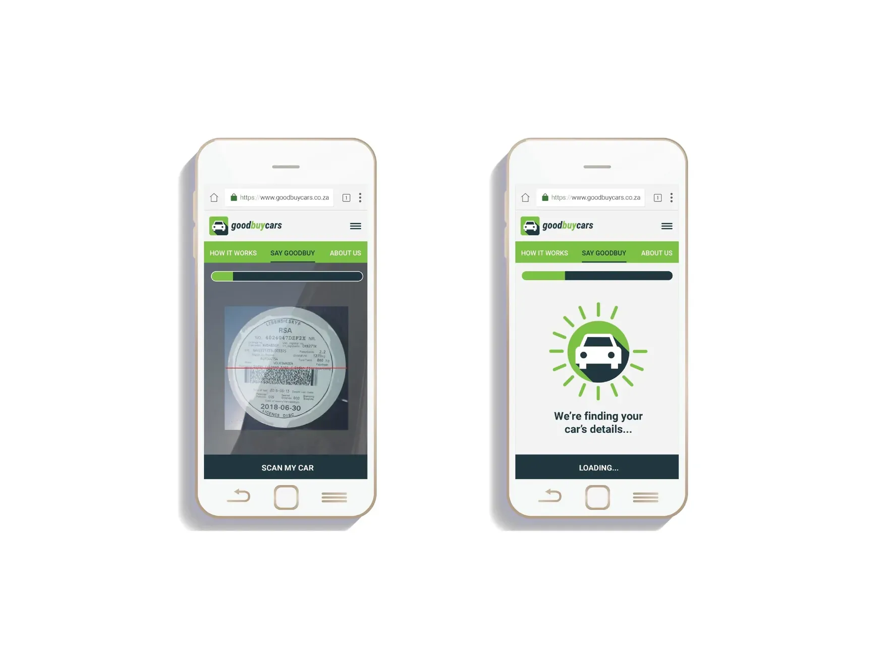 Two phone screens from the valuation flow: scanning a licence disc, then a loading screen that says we’re finding your car’s details.