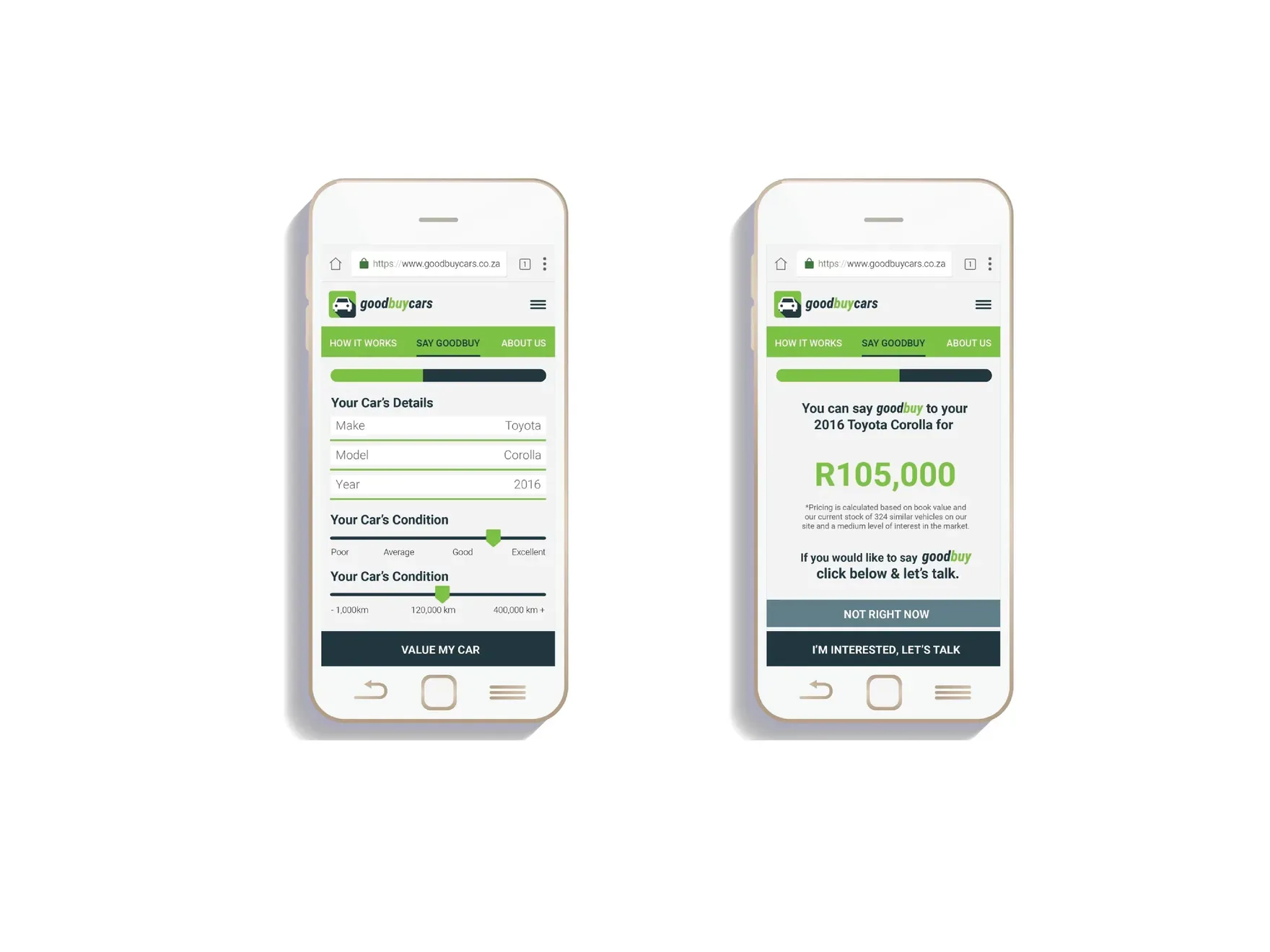 Two phone screens: confirming the car’s details and condition, then an instant valuation of R105,000 for a 2016 Toyota Corolla.