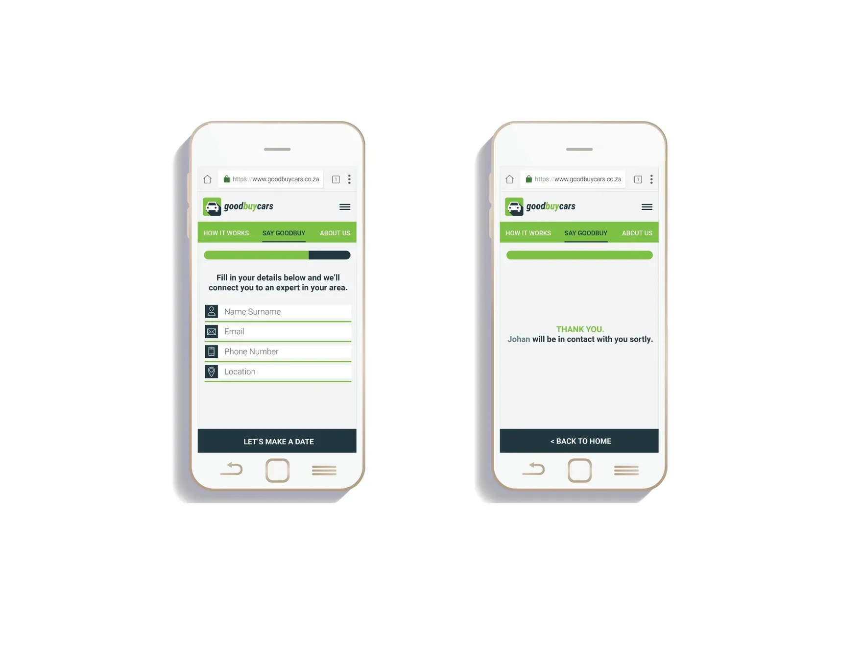 Two phone screens: a short contact-details form and a thank-you screen with a back-to-home button.