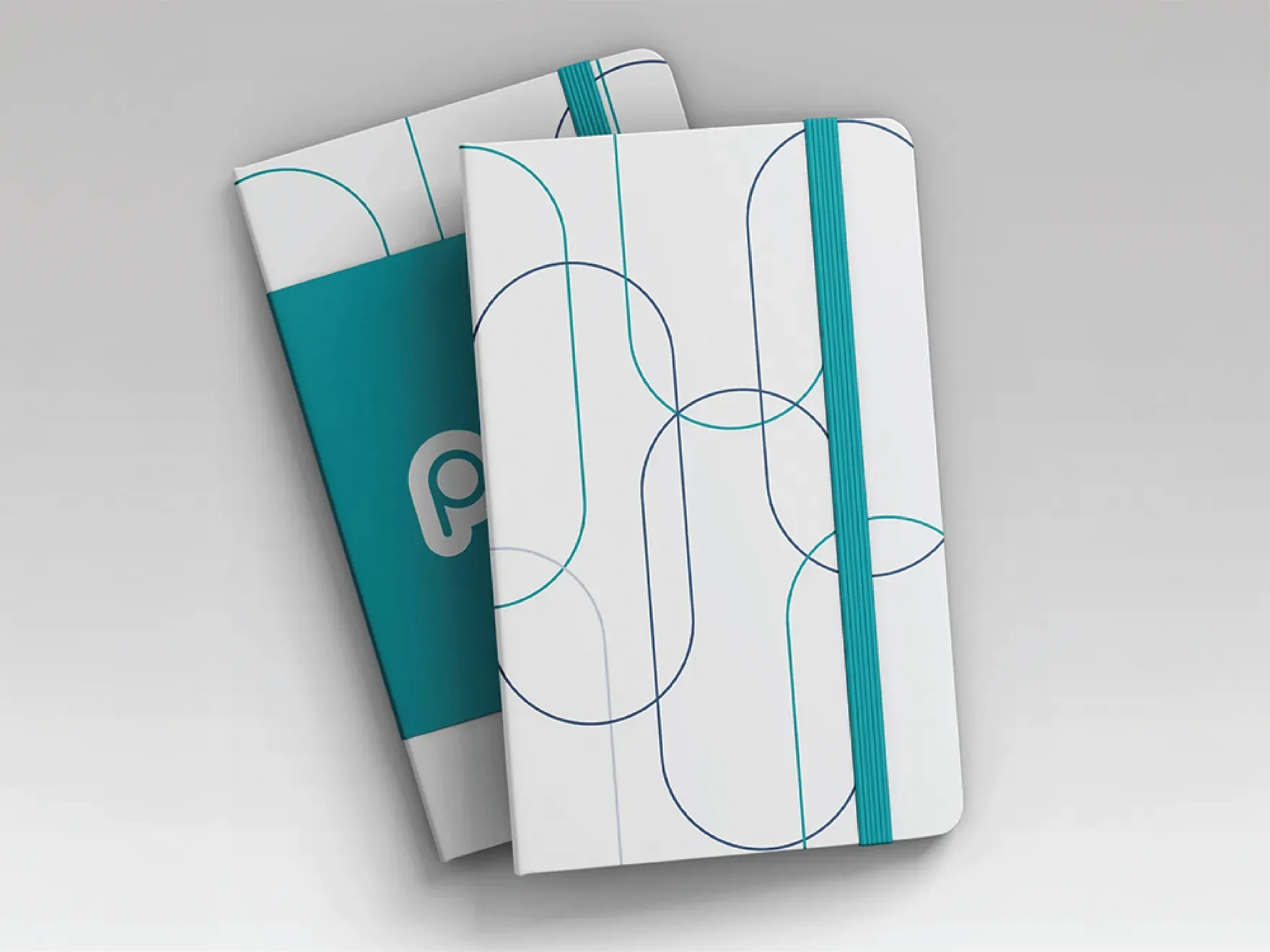Two PPLE notebooks with the geometric line motif and teal elastic bands.